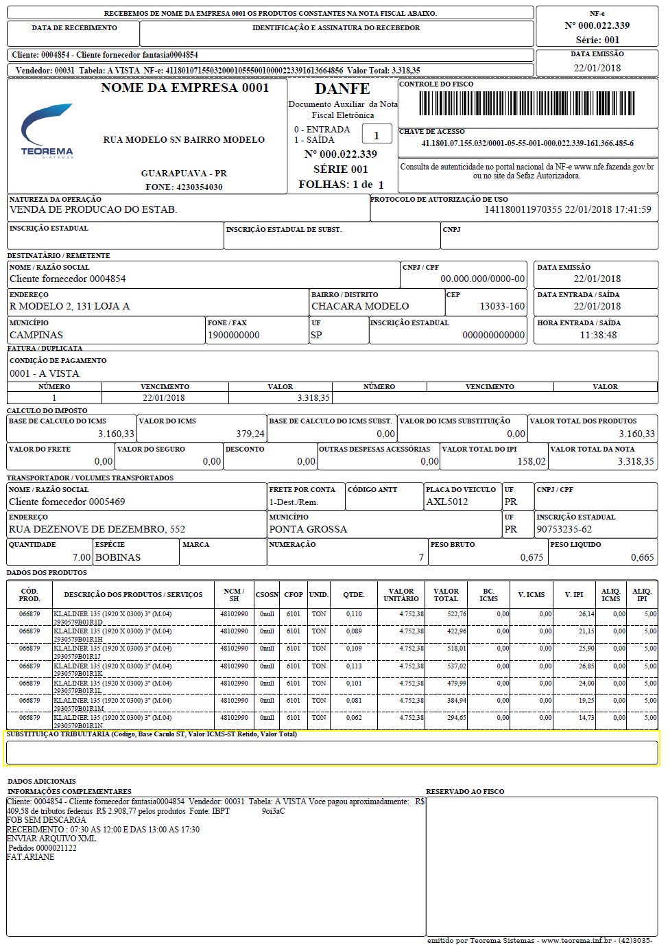 DANFE Modelo 08 Destaque ST: layout com destaque para o valor de Substituição Tributária
