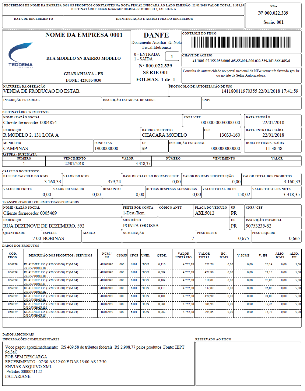 DANFE Modelo 09 Sem Condição de Pagamento: layout sem exibição do campo de condição de pagamento