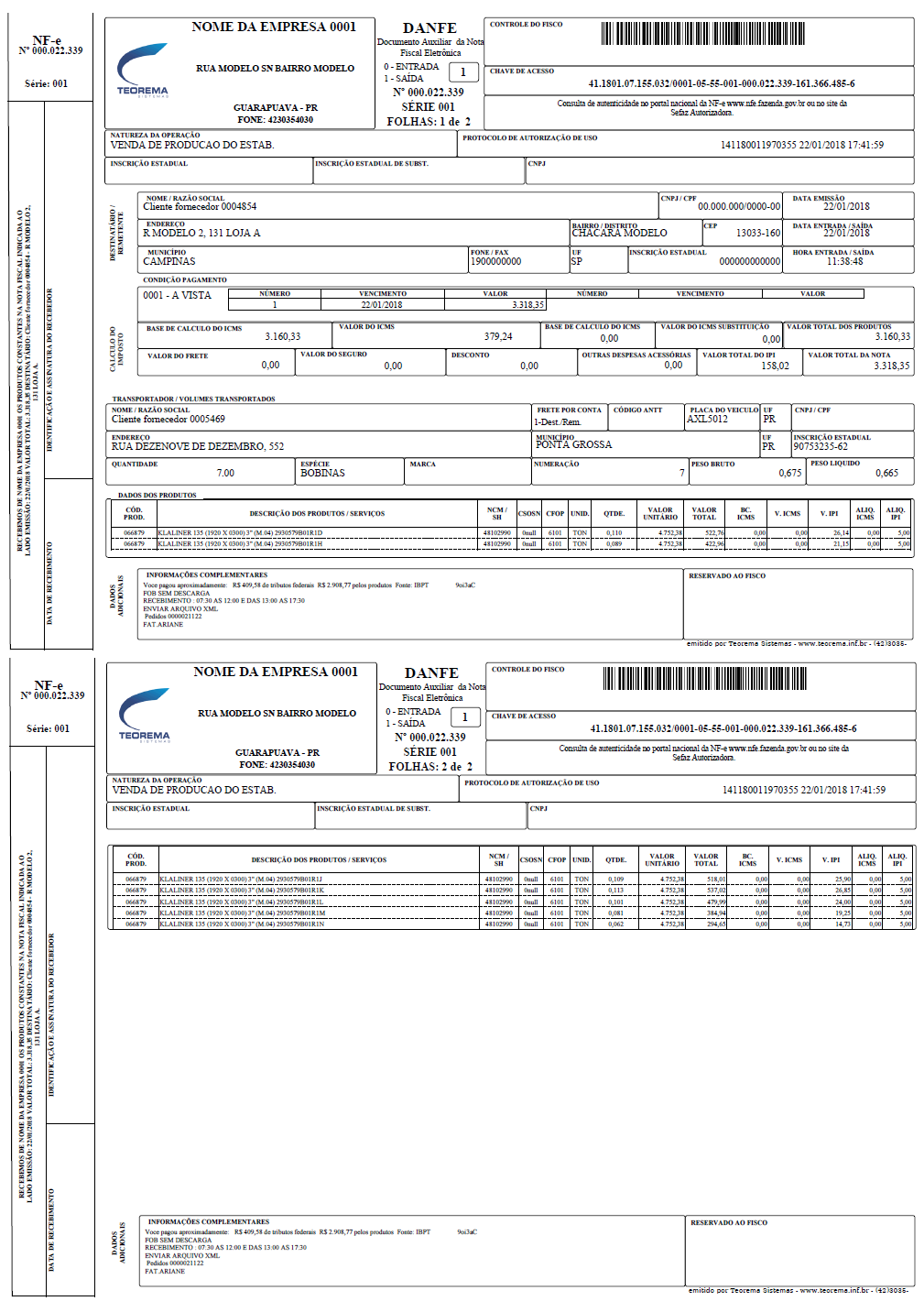 DANFE Modelo 11 Com ISSQN Horizontal: layout orientado horizontalmente com seção de ISSQN