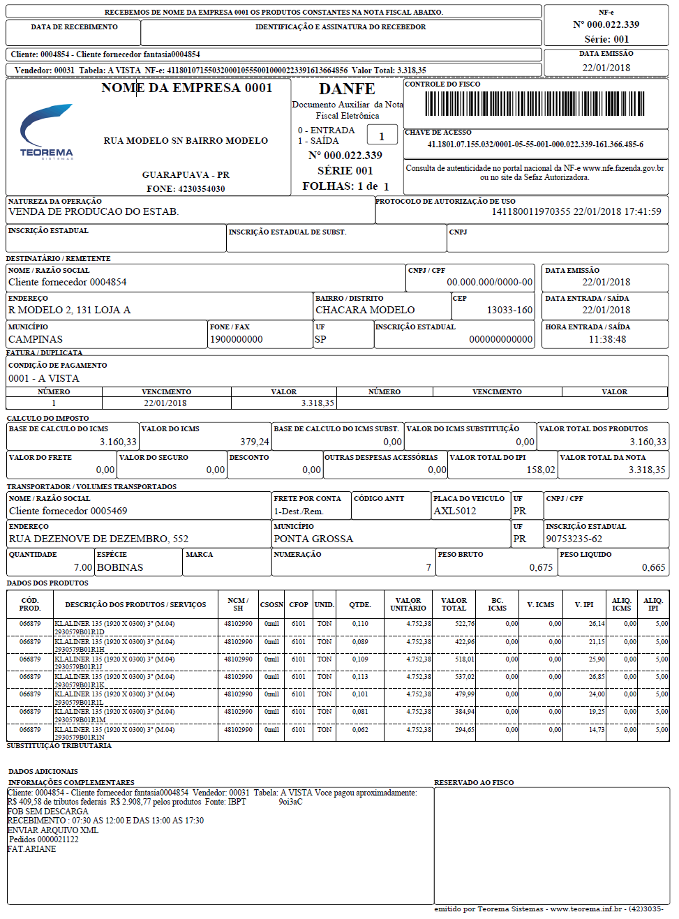 DANFE Modelo 13 Destaque ST Horizontal: layout orientado horizontalmente com destaque para Substituição Tributária