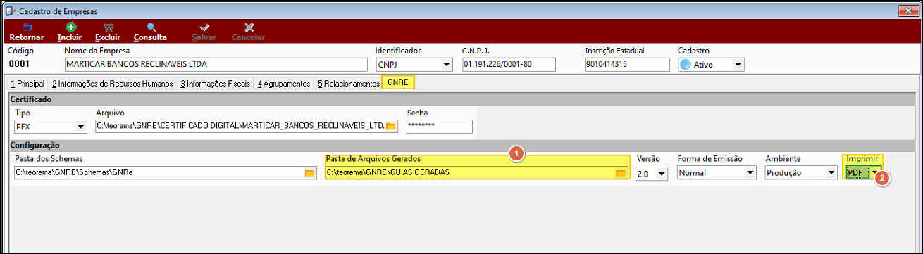 Cadastro de Empresas, aba GNRE, com campos Certificado (Tipo PFX, Arquivo e Senha), Pasta dos Schemas, Pasta de Arquivos Gerados (item 1), Versão, Forma de Emissão, Ambiente e campo Imprimir com opção PDF selecionada (item 2)