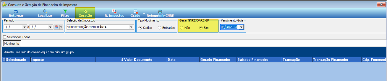 Tela Consulta e Geração de Financeiro de Impostos com campos Período, Seleção de Impostos (Substituição Tributária), Tipo Movimento (Saídas), Gerar GNRE/DARE-SP (Sim selecionado), Vencimento Guia e botão Geração destacado na barra superior
