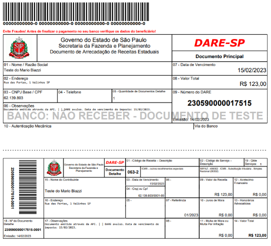 Exemplo de guia DARE-SP gerada pelo sistema, com campos Nome/Razão Social, Endereço, CNPJ, Telefone, Quantidade de Documentos Detalhe, Observações, Data de Vencimento, Valor Total e Número do DARE, além do documento detalhe com Código de Receita, Código do Serviço, Data de Vencimento, Valor da Receita e Valor Total