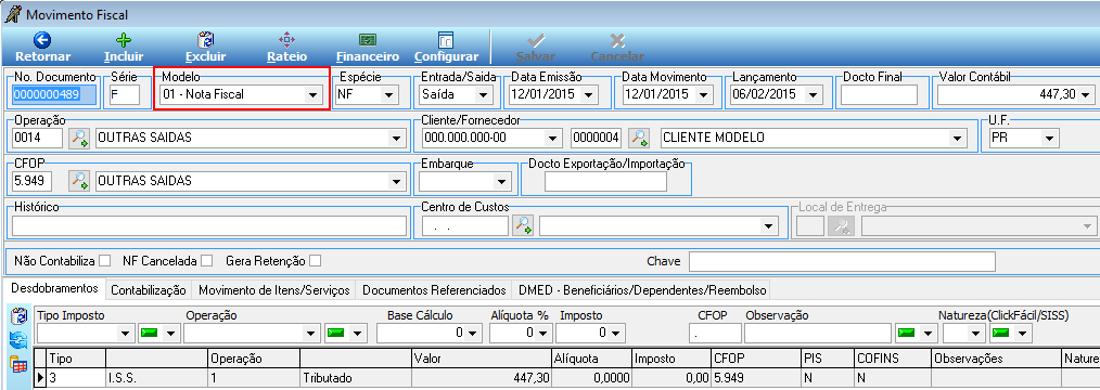 Movimento Fiscal — campo Modelo destacado com valor 01 - Nota Fiscal selecionado