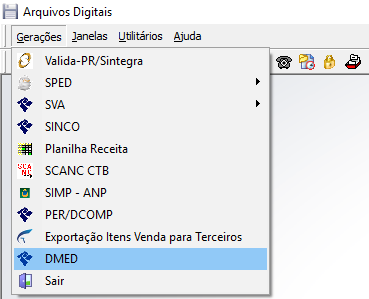 Módulo Arquivos Digitais — menu Gerações aberto com opção DMED destacada; demais opções visíveis: Valida-PR/Sintegra, SPED, SVA, SINCO, Planilha Receita, SCANC CTB, SIMP – ANP, PER/DCOMP, Exportação Itens Venda para Terceiros, Sair