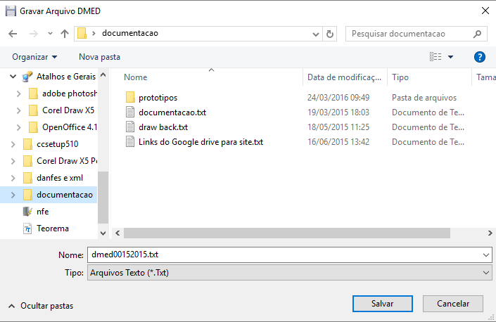 Janela Gravar Arquivo DMED — campo Nome com valor dmed00152015.txt, campo Tipo com Arquivos Texto (*.Txt), navegação de pastas mostrando pasta documentacao selecionada; botões Salvar e Cancelar