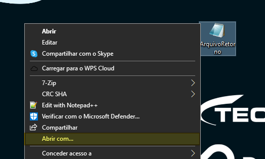 Menu de contexto do Windows Explorer com a opção "Abrir com..." destacada, exibida sobre o ícone do arquivo ArquivoRetorno.