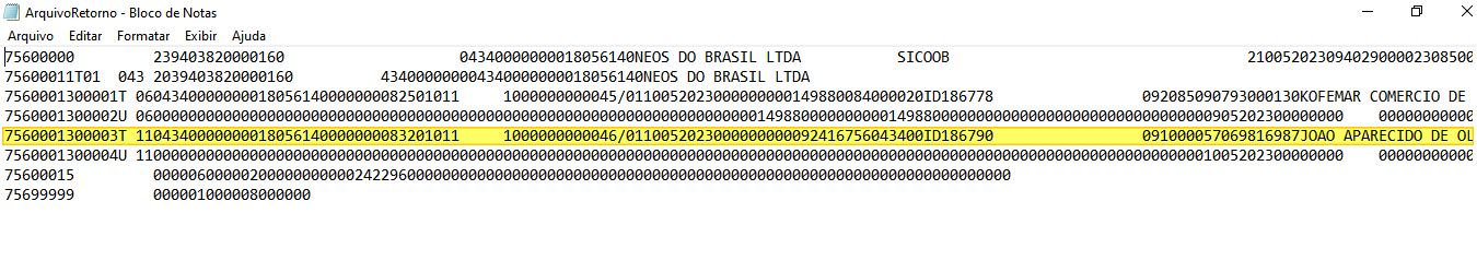 Arquivo ArquivoRetorno aberto no Bloco de Notas. Linha iniciada por "75600013000003T" está destacada em amarelo, contendo o texto "JOAO APARECIDO DE OL" ao final, identificando o título com ocorrência a ser analisado.