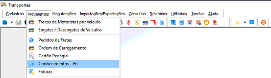 Menu Transportes com submenu Movimentos expandido, opção "Conhecimentos - F6" destacada