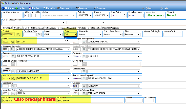 Tela Emissão de Conhecimentos, aba Principal com campos Contrato, Frete (opções CIF/FOB em dropdown), Operação, Código de Operação, Remetente R&S Florestal LTDA, Destinatário KLABIN S.A., Motorista ROBERTO CARLOS TELLES, Transportador B&S Transportes LTDA, Municípios GOIOXIM e TELEMACO BORBA preenchidos