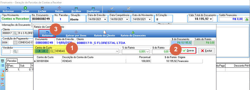 Tela Financeiro – Geração de Parcelas de Contas a Receber com painel Rateio de Centro de Custo; campo Centro de Custo 001.001.004 VENDAS preenchido com 100%, botões numerados 1 (Centro de Custo), 2 (Gravar) e 3 (Retornar) destacados