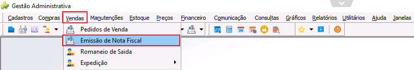 Menu Vendas com opção Emissão de Nota Fiscal destacada, no módulo Gestão Administrativa