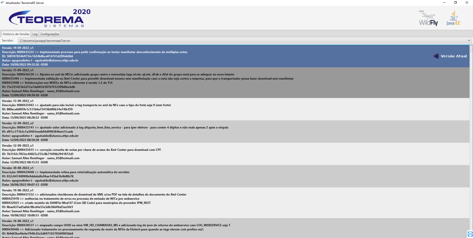 Atualizador TeoremaeE Server exibindo o histórico de versões; a entrada 19-09-2022_v1 está marcada como Versão Atual