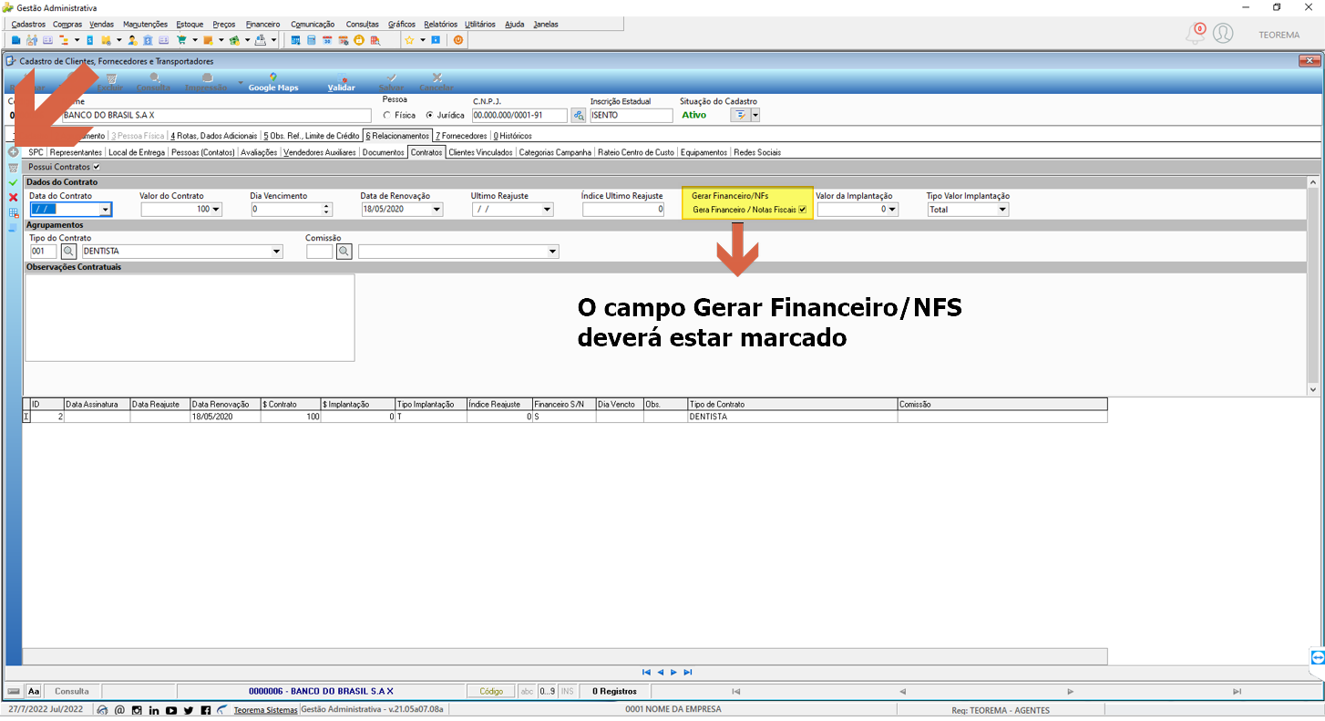 Detalhe do contrato no cadastro do cliente com o campo "Gerar Financeiro/NFS" marcado como "Gerar Financeiro / Notas Fiscais"; anotação na tela indica que o campo deverá estar marcado