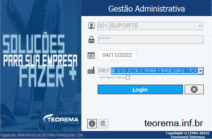 Tela de login do módulo Gestão Administrativa com campos de usuário, senha e data, e botão Login