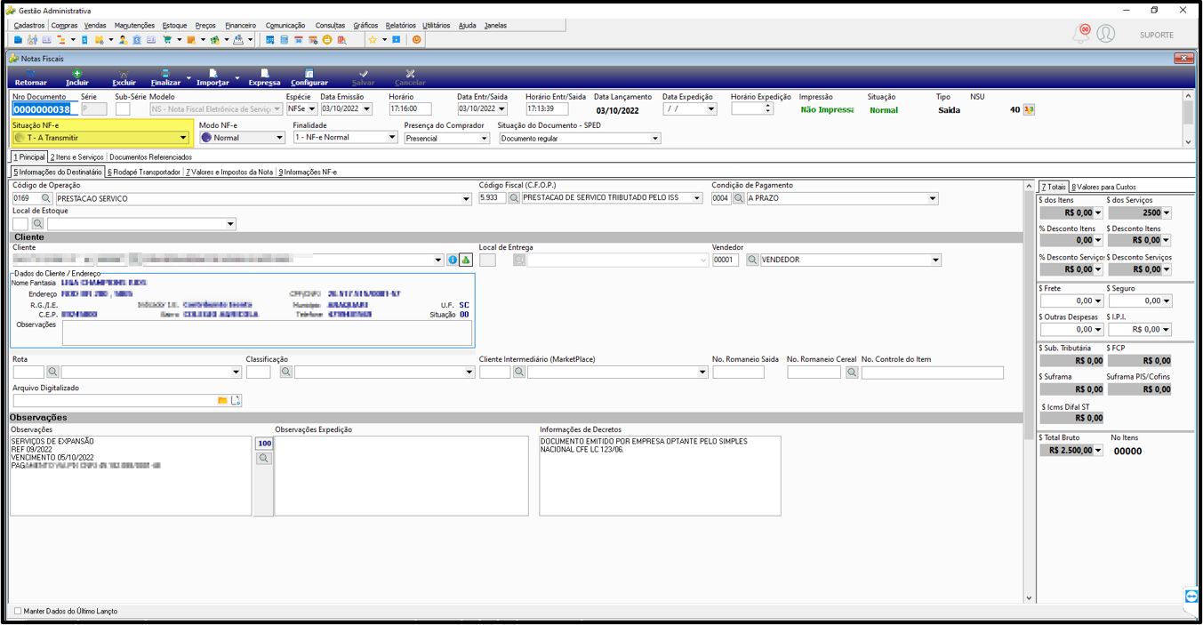 Tela de Notas Fiscais com nota em edição mostrando campo Situação NF-e preenchido como T - A Transmitir