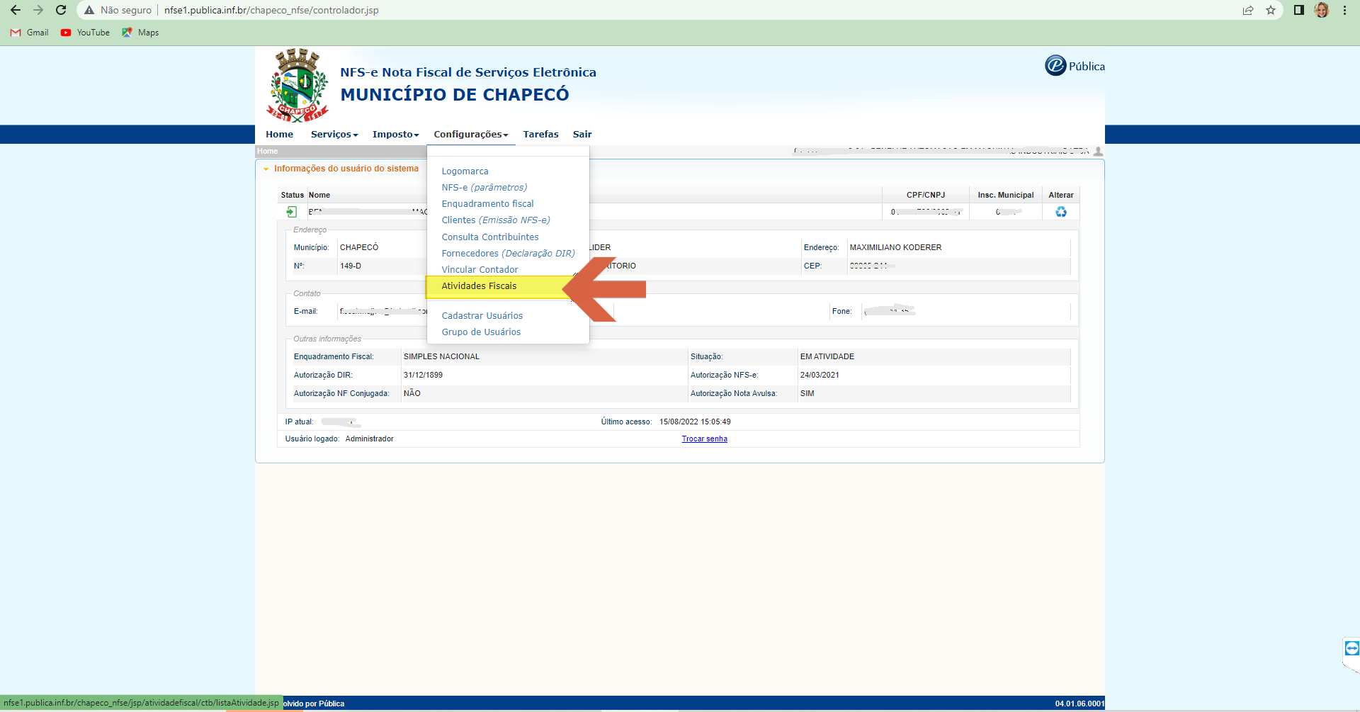 Portal NFS-e de Chapecó — menu Configurações expandido com opção Atividades Fiscais destacada