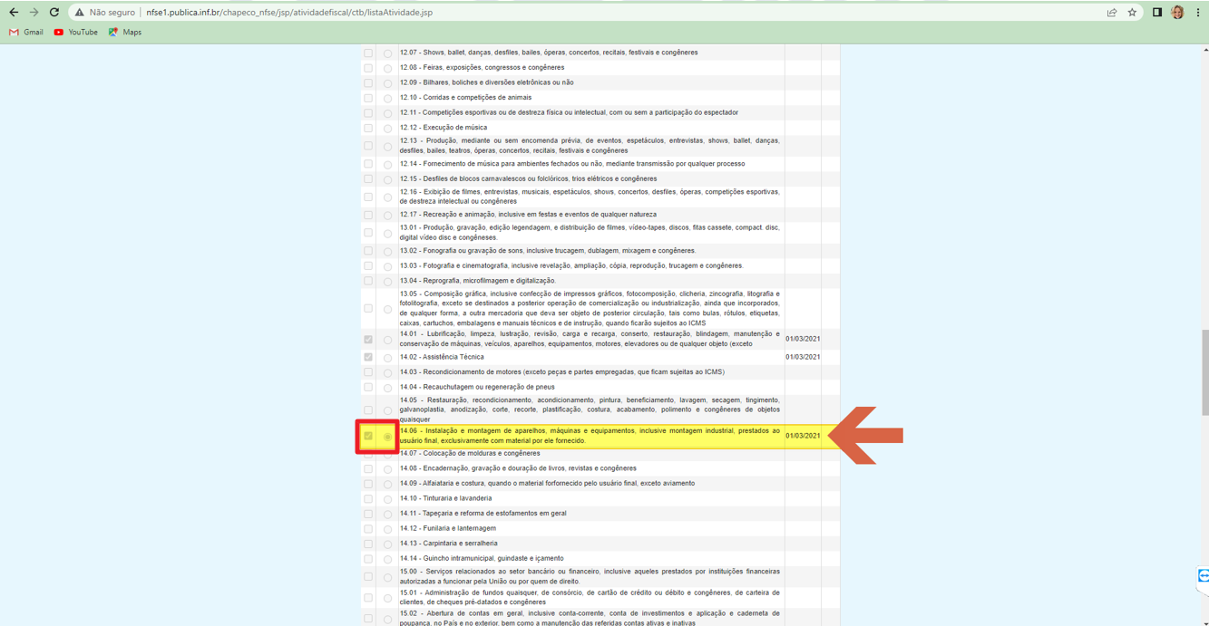 Portal NFS-e de Chapecó — lista de Atividades Fiscais com item correspondente ao serviço destacado