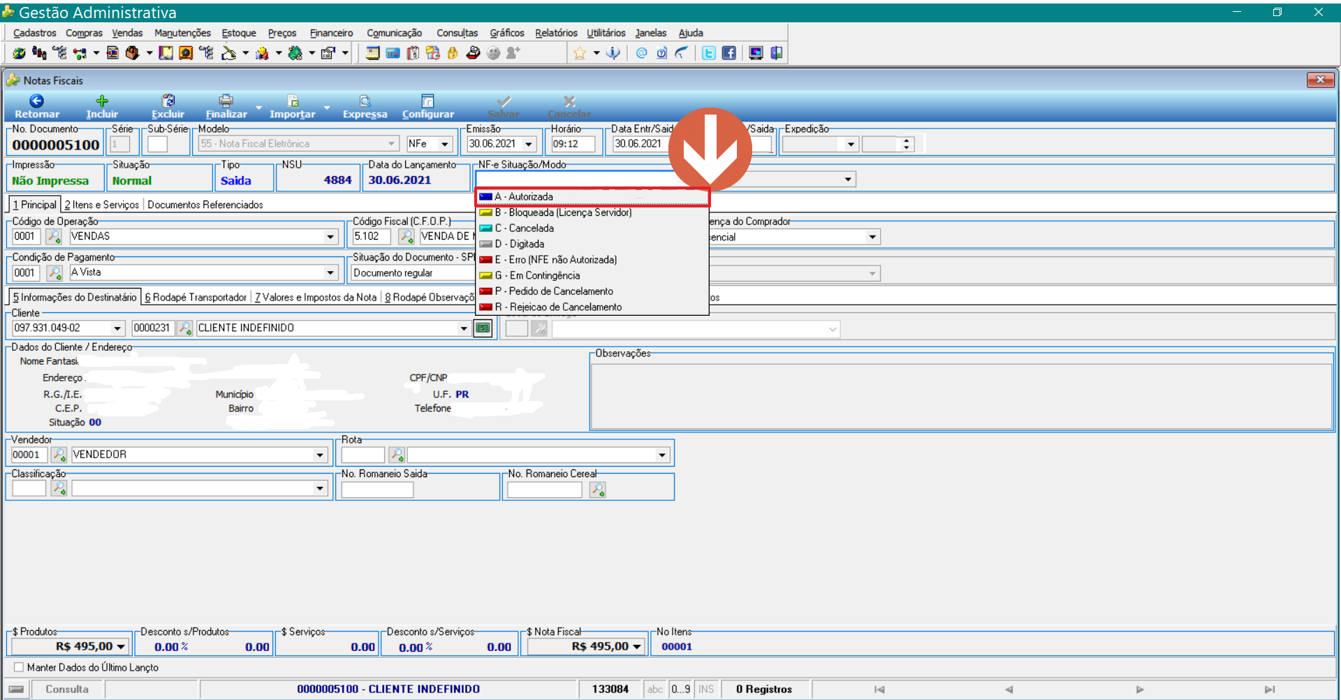 Tela Movimento de Notas com a nota No. Documento 00000100 exibindo dropdown de NF-e Situação/Modo com opções: Documentos Emitidos/Autorizados, Emitida, Digitação, Emv. NF-e vão Autorizadas, Pedido de Cancelamento, Pedidos de Cancelamento — a opção Documentos Emitidos/Autorizados está em destaque