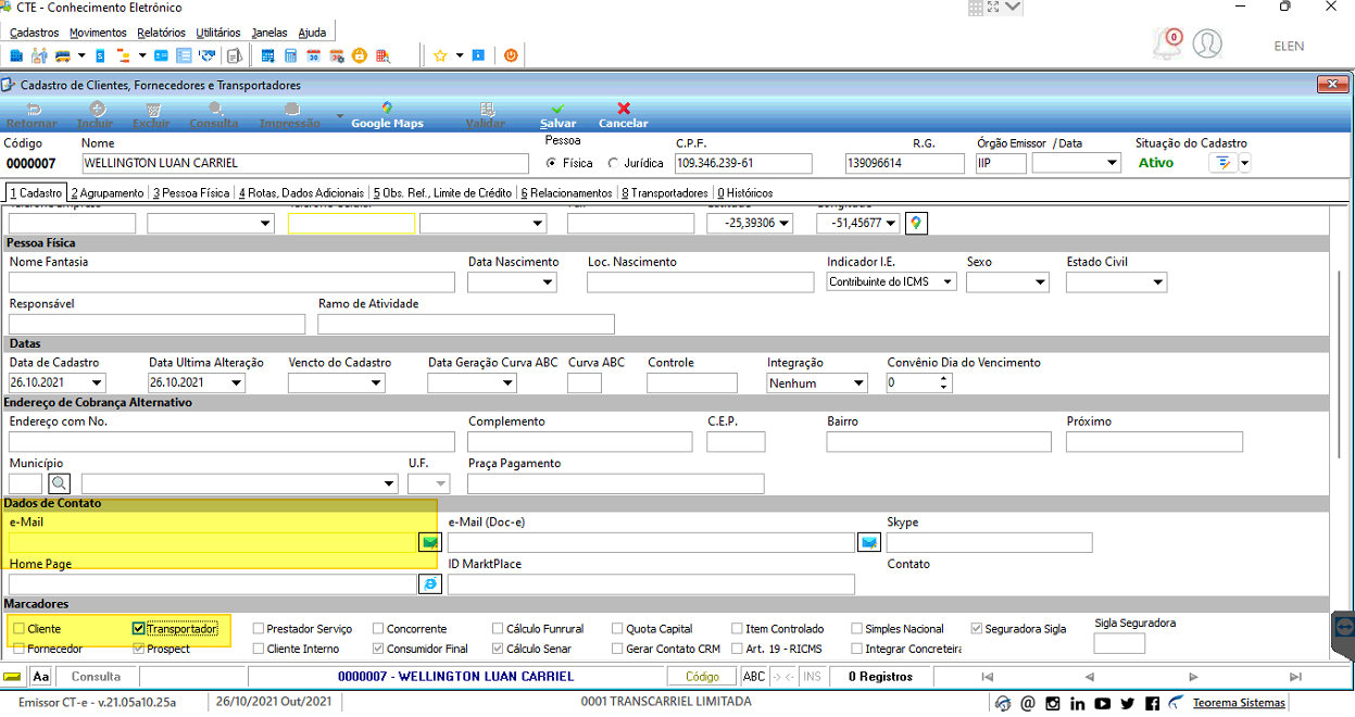 Parte inferior do cadastro exibindo a seção "Marcadores" com checkbox "Transportador" marcado; abas superiores visíveis: Agrupamento, Pessoa Física, Rotas, Dados Adicionais, Obs. Ref., Limite de Crédito, Relacionamentos, Transportadores, Históricos