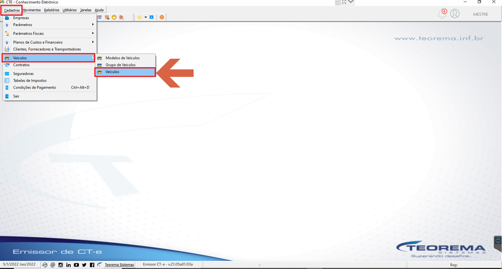 Menu Cadastros expandido com submenu Veículos mostrando as opções "Modelos de Veículos", "Grupo de Veículos" e "Veículos" destacada