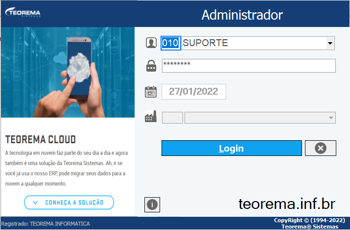 Tela de login do módulo Administrador com campos de código de usuário preenchido com "010 SUPORTE", senha e data 27/01/2022, e botão "Login"