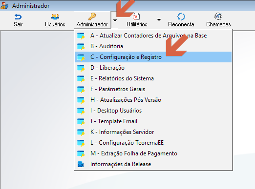 Menu Administrador aberto exibindo a lista de opções; "C - Configuração e Registro" está selecionada (destaque em azul)