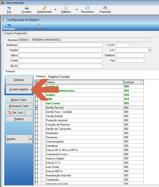 Tela Configuração do Registro com aba "Sistemas" ativa e lista de sistemas (HelpDesk, Administrativa, Auditor, CRM, Xml Center e outros) com colunas Sistema e Licenças; botão "Usuários logados" em destaque no painel esquerdo