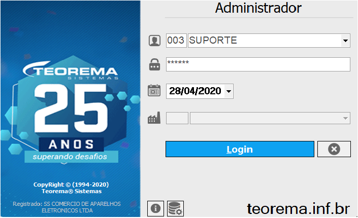 Tela de login do módulo Administrador com campos Usuário, Senha, Data e botão Login