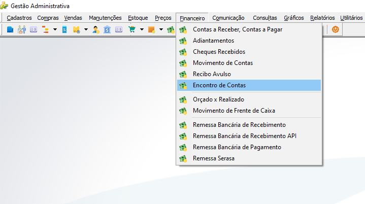 Menu Financeiro do módulo Gestão Administrativa com o item "Encontro de Contas" selecionado, exibindo também as opções Contas a Receber/Contas a Pagar, Adiantamentos, Cheques Recebidos, Movimento de Contas, Recibo Avulso, Orçado x Realizado, Movimento de Frente de Caixa e opções de Remessa Bancária