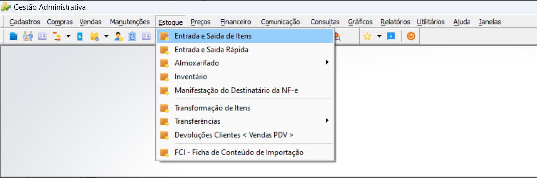 Menu Estoque expandido no módulo Gestão Administrativa com o item Entrada e Saida de Itens selecionado