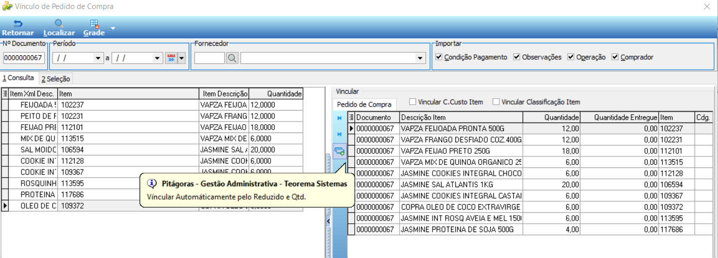 Tela Vínculo de Pedido de Compra com campo Nº Documento preenchido com 0000000067, filtros de Período e Fornecedor, seção Importar com checkboxes Condição de Pagamento, Observações, Operação e Comprador; grade esquerda com itens do XML (Item Xml Desc., Item, Item Descrição, Quantidade) e grade direita Pedido de Compra (Documento, Descrição Item, Quantidade, Quantidade Entregue, Item); tooltip Pitágoras - Gestão Administrativa - Teorema Sistemas exibindo mensagem Vincular Automaticamente pelo Reduzido e Qtd.
