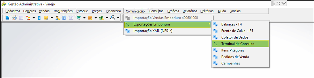 Menu superior do Gestão Administrativa - Varejo com o item "Comunicação" aberto, submenu "Exportações Emporium" expandido e a opção "Terminal de Consulta" destacada