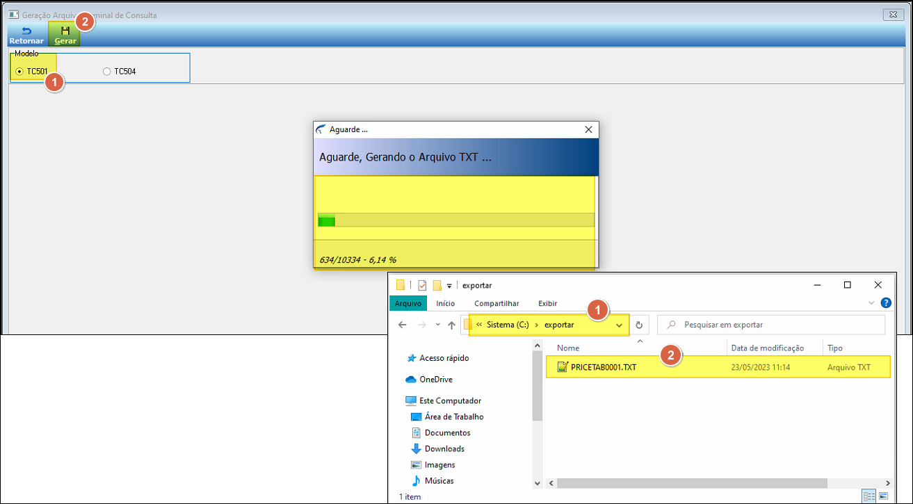 Tela Geração Arquivo Terminal de Consulta com o modelo TC501 selecionado e o botão Gerar; janela de progresso "Aguarde, Gerando o Arquivo TXT..." com barra de andamento em 6,14%; ao lado, janela do Windows Explorer mostrando a pasta "exportar" com o arquivo PRICETAB0001.TXT gerado em 23/05/2023