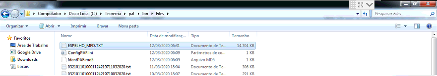 Janela do Windows Explorer exibindo o conteúdo da pasta C:\Teorema\paf\bin\Files. O arquivo ESPELHO_MFD.TXT aparece com data de modificação 12/03/2020 06:31 e tamanho 14.704 KB. Também estão listados: ConfigPAF.ini (1 KB), IdentPAF.md5 (1 KB) e dois arquivos de documento de texto com datas 12/03/2020 e 10/03/2020.