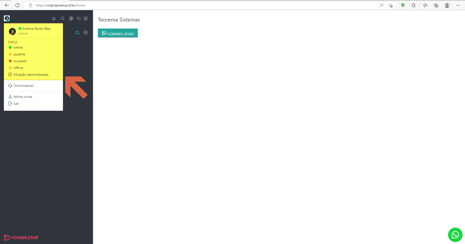 Menu de status do usuário com opções online, ausente, ocupado, offline, Situação personalizada, Omnichannel e Minha conta