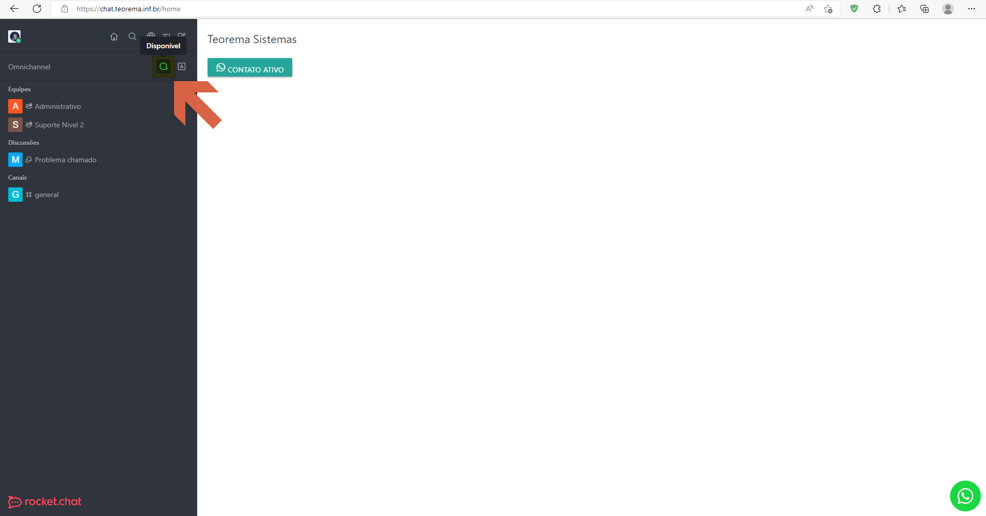 Barra superior do Rocket.Chat com ícone Omnichannel exibindo tooltip "Disponível"