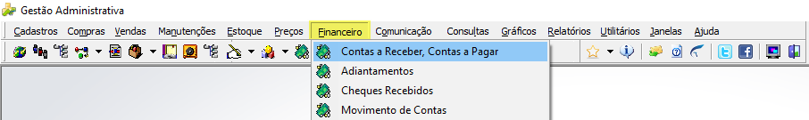 Menu Financeiro do módulo Gestão Administrativa com o item "Contas a Receber, Contas a Pagar" selecionado, ao lado das opções Adiantamentos, Cheques Recebidos e Movimento de Contas