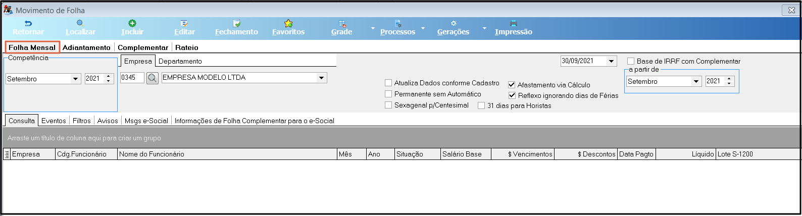 Tela Movimento de Folha, aba Folha Mensal selecionada, com campos de Competência (Setembro/2021), código e nome da empresa, opções Atualiza Dados conforme Cadastro, Permanente sem Automático, Sexagenal p/Centesimal, 31 dias para Horistas, Afastamento via Cálculo e Reflexo ignorando dias de Férias, e grid de funcionários vazio na aba Consulta