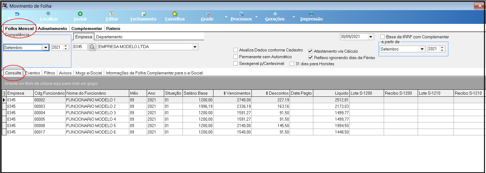 Tela Movimento de Folha, aba Consulta ativa, exibindo grid com registros de funcionários modelo com colunas de empresa, código, nome, mês, ano, situação, salário base, vencimentos, descontos e líquido
