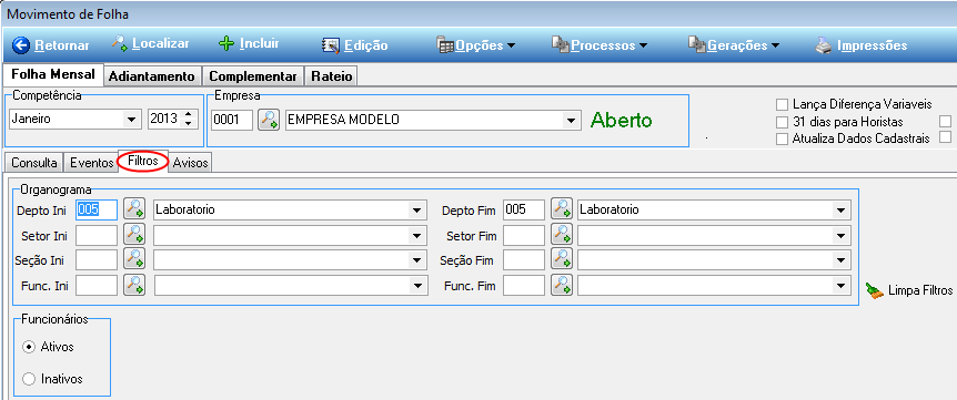 Tela Movimento de Folha, aba Filtros ativa, com campos de organograma Depto Ini, Depto Fim, Setor Ini, Setor Fim, Seção Ini, Seção Fim, Func. Ini, Func. Fim e botão Limpa Filtros, além de seleção Ativos/Inativos