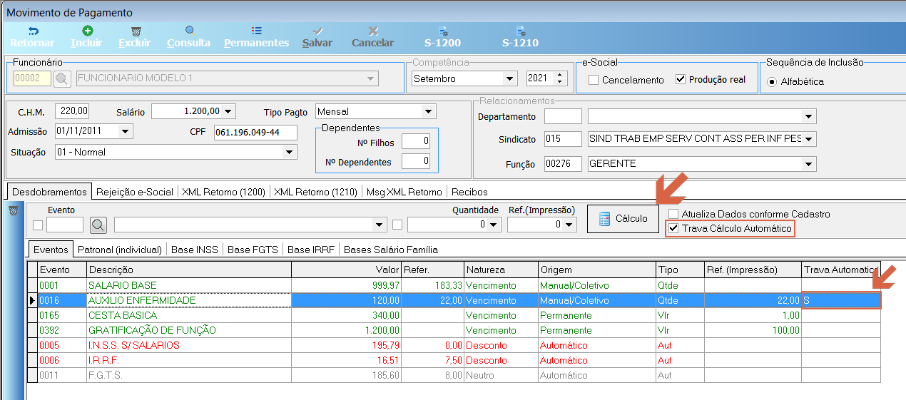 Tela Movimento de Pagamento de funcionário modelo, opção Trava Cálculo Automático marcada (destacada em vermelho); grid de eventos mostra evento AUXILIO ENFERMIDADE com coluna Trava Automatico marcada com "S"