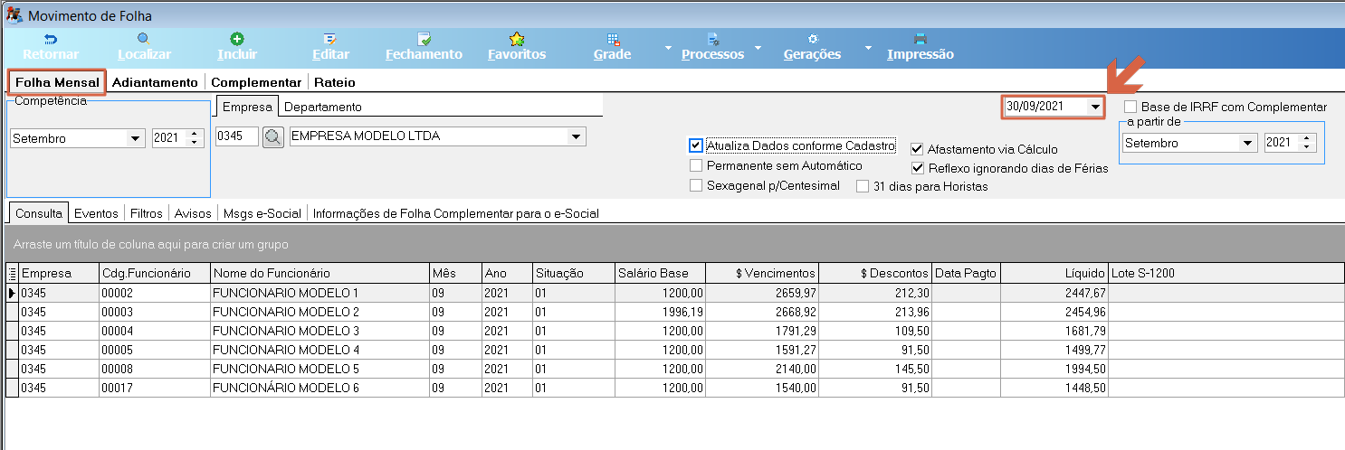 Tela Movimento de Folha, Competência Setembro/2021, com o campo de data 30/09/2021 destacado na barra superior
