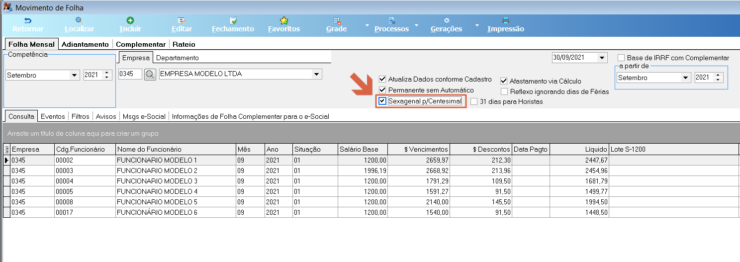 Tela Movimento de Folha, opção Sexagenal p/Centesimal marcada (destacada em vermelho) na barra superior