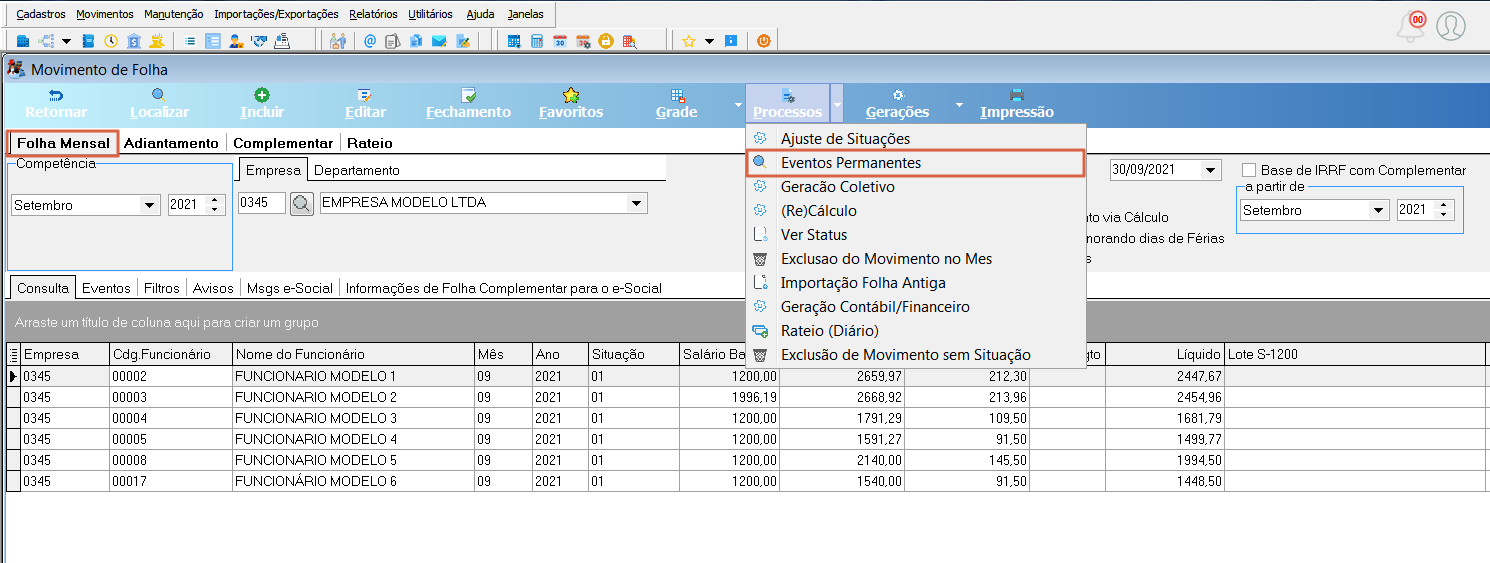 Tela Movimento de Folha com menu Processos expandido, item Eventos Permanentes destacado em vermelho, ao lado das opções Ajuste de Situações, Geração Coletivo, (Re)Cálculo, Ver Status, Fechamento, Exclusão do Movimento no Mês, Importação Folha Antiga, Geração Contábil/Financeiro, Rateio (Diário) e Exclusão de Movimento sem Situação
