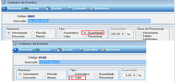 Tela Cadastro de Eventos exibindo em sobreposição dois registros: evento 0001 SALARIO BASE com tipo Quantidade marcado, e evento 0165 CESTA BASICA com tipo Valor marcado