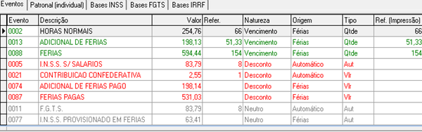 Grid de eventos do Movimento de Pagamento mostrando eventos de férias: Horas Normais, Adicional de Férias, Férias, INSS S/Salários, Contribuição Confederativa, Adicional de Férias Pago, Férias Pagas, FGTS e INSS Provisionado em Férias com valores e naturezas Vencimento, Desconto e Neutro