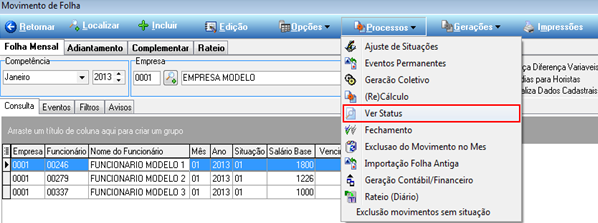 Tela Movimento de Folha com menu Processos expandido e item Ver Status destacado em vermelho