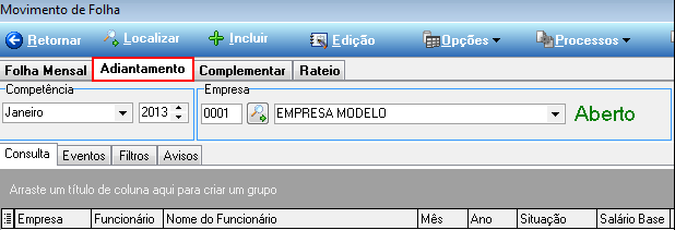 Tela Movimento de Folha, aba Adiantamento selecionada, com campos de Competência e Empresa, e grid de funcionários vazio