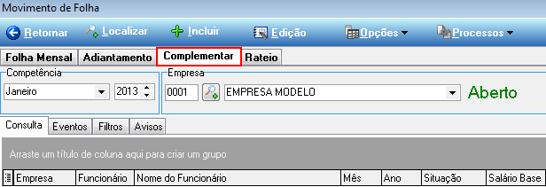 Tela Movimento de Folha, aba Complementar selecionada, com campos de Competência e Empresa, e grid de funcionários vazio